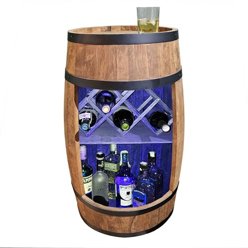 CREATIVE COOPER Fass bar LED RGB mit Weinhalter - Weinregal - Holzfass Hausbar 80x50cm - Rustikaler deko Barschrank Weinständer – Weinschrank (Wenge)