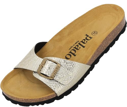 Palado Pantoletten Damen Malta Coralino – elegante Sandalen Made in Spain - bequeme Hausschuhe mit Kork-Fußbett - modische Sommerschuhe Gold UK3,5 - EU36