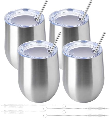 Lot de 4 verres à vin tumbler sans pied à double paroi sous vide en acier inoxydable de 355 ml avec couvercle, tumbler de voyage gardant le froid et le chaud pour vin, café, cocktails, boissons de