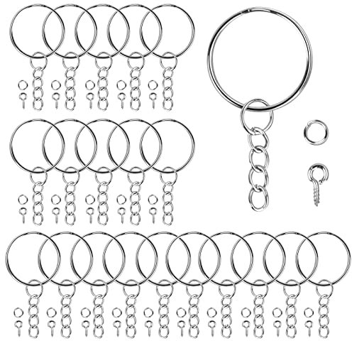 Granvoo 20 Pièces Anneau Porte Clef avec Chainette, Porte-clés avec 100 Anneaux Brisés + 100 Oeillets à Vis, Porte-clés en Métal 24 mm, Porte Clé Acier Inoxydable pour DIY Fabrication de Bijoux