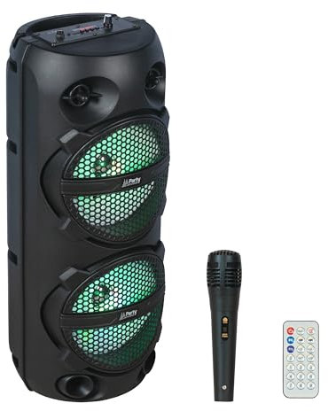 Party Light & Sound - Pluton - Enceinte, Baffle de 2 x 8”/20cm de 300W sur Batterie Rechargeable - Effet Lumineux - 1 Micro Filaire et 1 télécommande - Bluetooth, USB, Micro SD et TWS - Noir
