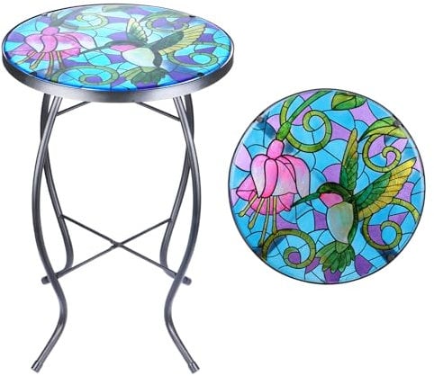 MUMTOP Tables d'appoint d'extérieur en mosaïque de 35,6 cm, table d'appoint ronde en verre avec motif colibri et fleur, support pour plantes, petite table basse pour décoration de jardin ou de salon