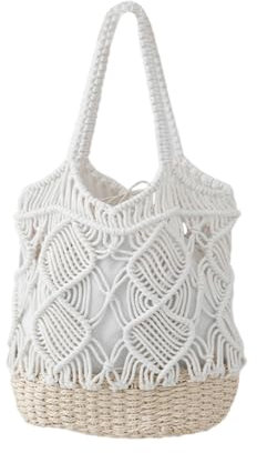 YMYL Borsa da donna in corda di cotone all'uncinetto, borsa estiva intrecciata a mano Boho con coulisse borsa da spiaggia borse a tracolla per vacanze, viaggi, picnic all'aperto, bianco, M