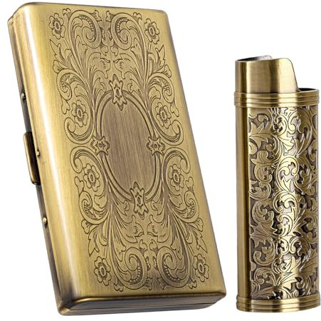 Étui à cigarettes vintage en métal, avec étui à briquet, capacité 12 cigarettes 100 mm, rangement cartes RFID et argent (Bronze, 12pcs 100's)