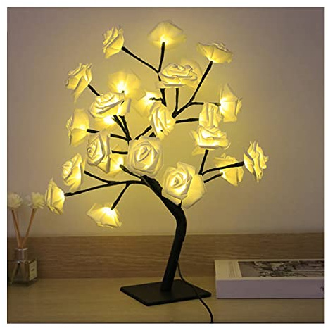 LED-Tisch-Bonsai-Baum-Lampe, USB-Baumlampe, Weihnachts-Schlafzimmer-Dekoration, Tisch-Nachtlicht (Weiß 24 Lichter Rose)