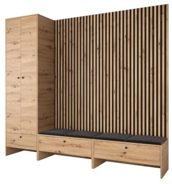 Mirjan24 Garderoben-Set Melire VI, Schuhschrank Kleiderschrank Lamellen Paneel mit 12 Kleiderhaken Gepolstertes Paneel/Wandpaneel Kleiderstange Wandgarderobe Flurgarderobe (Eiche Artisan, Manila 18)