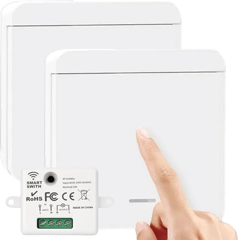 Funkschalter Set, 2 Funk Lichtschalter für Lampe & 1 Empfänger, 1 Taste Lichtschalter Funk-Wandschalter 50M Reichweite Intelligenter RF433-Schalter Funkschalter Set Keine Verkabelung Erforderlich Weiß