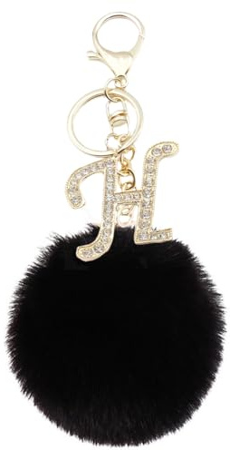 Xsclpomddy Pom Pom Schlüsselbund künstliche weiche Kaninchenhaar Taschenanhänger Ball Schlüsselanhänger mit Goldene Buchstabe A-Z für Handtasche,schwarz H