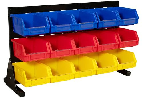 The WORKPLACE Depot Freestanding Tool & Parts Organiser – Steel Louvred Panel Bin Rack with 15 Durable Bins – Ideal for Workshops, Home Garages & Professional Workstations