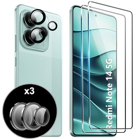 CAUHENYEE [2+1 piezas Protector de Pantalla para Xiaomi Redmi Note 14 5G Cristal Templado, 2 piezas Cristal Templado + 1 piezas de Protección de Cámara, HD Vidrio Protector,Dureza 9H