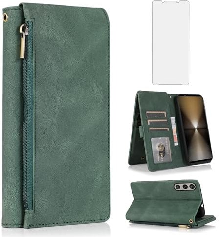 Compatible with Sony Xperia 1 VI (2024) Wallet Case Tempered Glass Screen Protector and Zipper Retro Leather Flip Cover Card Holder Stand Cell Accessories for 1VI 5G XQ-EC44 XQ-EC54 Women Men Green