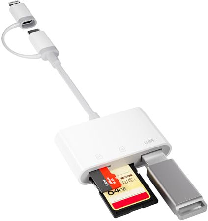 Adaptateur Carte SD 3 en 2 pour iPhone - Connecteur Lightning + USB C vers Lecteur de Carte SD/TF - Compatible avec iPhone 16/15/14/13
