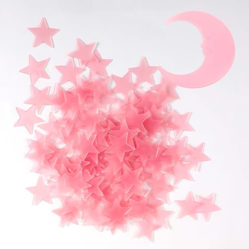 Piriuuo 101 Stück 3D Leuchtsterne, Leuchtende Sterne Wandsticker im Dunkelen für die Decke Selbstklebend Leuchtsterne Fluoreszierend Leuchtaufkleber Wanddeko für Kinderzimmer, Babyzimmer Deko, Rosa