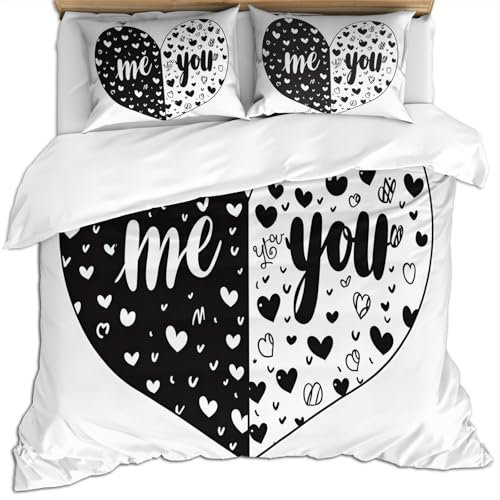 SANSJI Bettbezug-Sets in voller Größe, You and Me Mikrofaser-Bettwäsche-Set mit 2 Kissenbezügen, schwarz und weiß, atmungsaktiv, Liebesherz, Bettbezug-Set, alle Jahreszeiten, romantisch