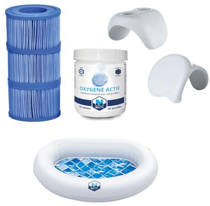 NetSpa Pack Entretien Spa, 3 Cartouches de Filtration + 20 Pastilles d'Oxygène + Appui-tête/Porte-gobelet + Bassin Rince-Pieds