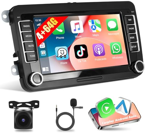 [4G+64G] Autorradio CarPlay para VW/Seat/Skoda/Passat/Golf/Polo, Radio inalámbrica con CarPlay y Android Auto,Pantalla táctil HD de 7,2 DIN Bluetooth Radio,GPS/SWC/FM/RDS/USB + Cámara de Marcha,Mic