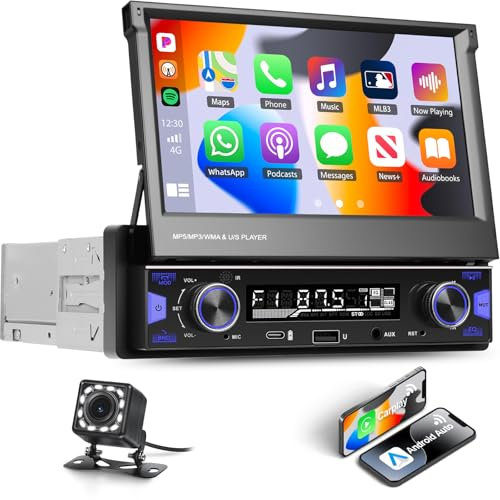 Zomolither Single Din Wireless CarPlay Android Auto 7 Inch Flip Out 1 Din Touch Screen Bluetooth FM Car Radio Type-C Charge/USB/AUX/Mirror Link SWC AM RDS + Backup Camera