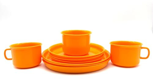 3 Stück Geschirr-Set 3-teilig, Farbe orange, Geschirrservice Kaffeeservice Plastikgeschirr, je 3x Tassen, Teller 14 cm und 18 cm Kunstoff plastik