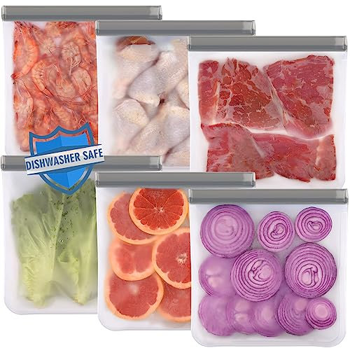 Lerine 6 Pack Reusable Gallon Freezer Bags Dishwasher Safe, BPA Free Reusable Food Bags, Leakproof Food Storage Bags for Marinate Meats, Cereal, Vegetables, Home Organization