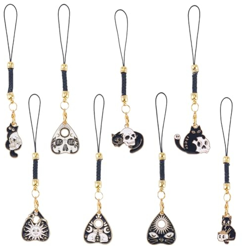 SUNNYCLUE 1 Box 16 Stück 8 Stile Katzen Handyanhänger Handyanhänger Band Emaille Gothic Herz Schwarzes Tier Zum Aufhängen Schlüsselband Für Handy DIY Geldbörse Handtasche Geldbörse Zubehör Dekoration