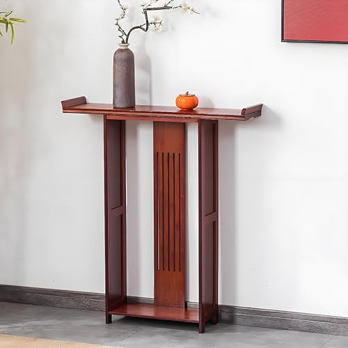 Table console chinoise classique en rotin avec étagère de rangement, meuble d'entrée et de salon, table d'entrée élégante (rouge, 64 x 20 x 90 cm)