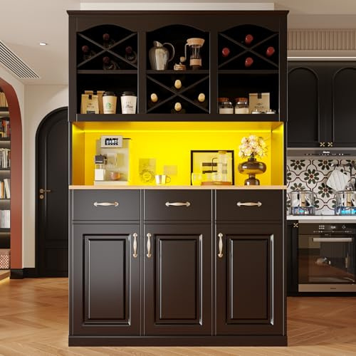Sweiko Armoire de cuisine120 × 40 × 180 cm, Sideboard multifonctionnelle pour Vaisselle, Armoire à Snacks, Meuble de Rangement à Trois Portes et Trois tiroirs avec éclairage LED