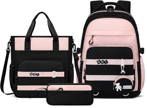 Amythe Schulrucksack Mädchen Teenager, 3-tlg. Leichter Schulranzen, Rosa | Schultasche Set für Mädchen 5.-12. Klasse mit Umhängetasche Federmappe, Wasserdichter Rucksack Tagesrucksäcke, Schulstart