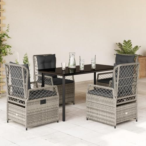 Holamys 5-TLG. Garten-Essgruppe mit Kissen Grau Poly Rattan, verstellbare Relaxsessel, gehärtete Glasplatte, wetterfestes Outdoor Möbelset für Terrasse