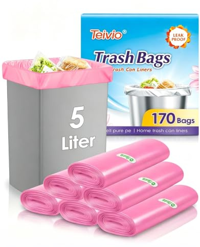Teivio 5 Liter Small Bin Bags 170 Counts Pedal Bin Liners Plastic Waste Bags for Bathroom, Kitchen, Office, Fit 3-5L Rubbish Bin, Pink