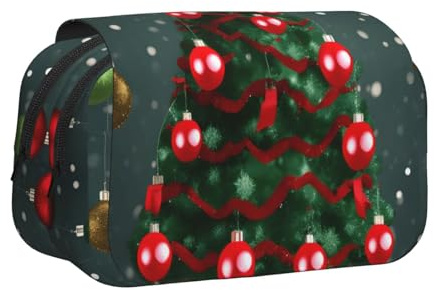 KPXXAQT Trousse à crayons double couche avec motif arbre de Noël et boules de Noël - 2 poches - Fournitures d'art de bureau - Facile à nettoyer