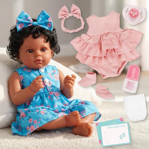 Reborn Baby Puppe Schwarze 45cm mit Zwei Outfits – Weiche Vinyl Gliedmaßen | Afrikanisch Realistische Reborn-Babypuppe Mädchen, Wurzelhaar Weicher Gewichteter Körper, Taupefarbene Augen