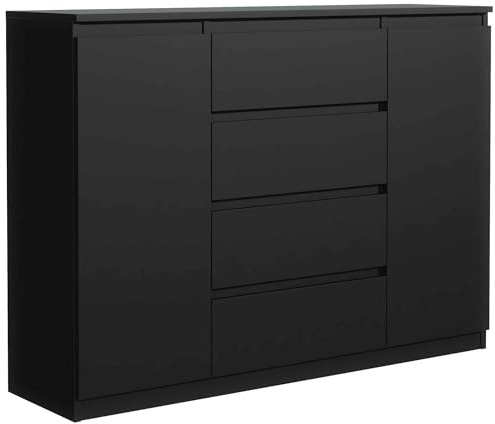 Masseno Kommode NUDO 120 cm Sideboard mit 4 Schubladen und 2 Türen für Wohnzimmer Schlafzimmer Modern 120x39x101,5 cm Schwarz/Schwarz