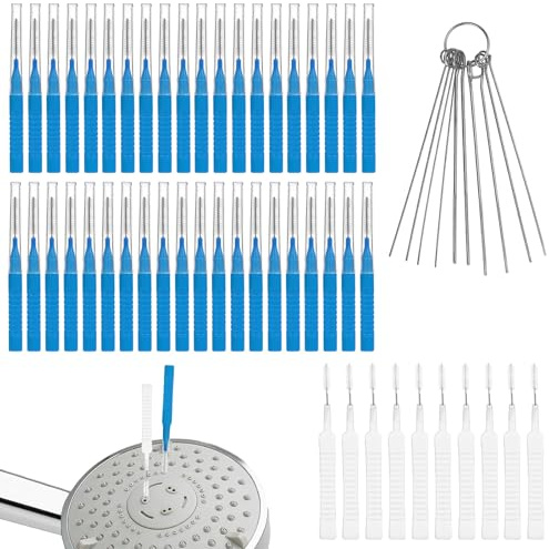 60pcs Shower Head Cleaning Brush, 2 Designs Shower Head Cleaner Brush Tools & 10 Multi-Sized Unclogging Needles Showerhead Cleaning Pick, shower cleaner tool for Nozzle Gap Household Bathroom