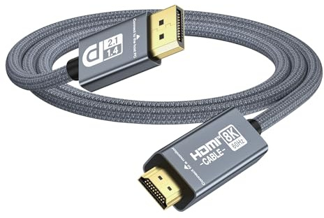 Aktiver DisplayPort 2.1 auf HDMI 2.1 Kabel 8K60Hz 4K144Hz VRR G-SYNC HDR | Unidirektional DP 1.4a/DP 2.1 auf HDMI 2.1 Kabel, Dolby Vision, HDCP 2.3, DSC 1.2a, für RTX5090/5080/5070/5060 (1m)