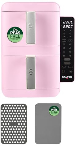 Salter VertiCook Dual Air Fryer Set, 9L Vertical, 2 X 4.5L Baskets | Includes 2 Reusable Silicone Liners, PFAS-Free Coated Baskets, Dishwasher-Safe Parts, 9 Presets, Keep Warm, Sync & Match