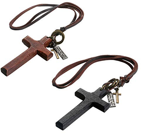 Flongo Damen Halskette Kette Männer Anhänger, Anhänger Leder Halskette mit Rosenkranz Bibel Gravur Kreuz aus Holz Schwarz Braun Jahrgang Damen Herren-Accessoires 2 Stück Set
