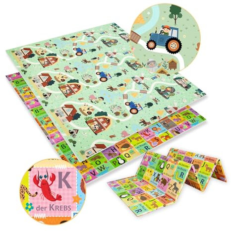 HUMBI Spielmatte 200x180 cm mit deutschem Alphabet für Kinder, doppelseitig, faltbar, groß, Design - Bauernhof, Dorf/Buchstaben, ideal als Geschenk