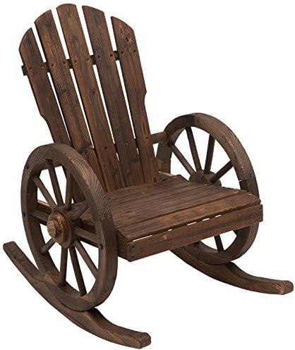 Outsunny Schaukelstuhl, Rustikaler Relaxstuhl, Gartenstuhl mit Rollen-Design, Schwingsessel, Massivholz, Dunkelbraun, 68 x 88 x 92 cm