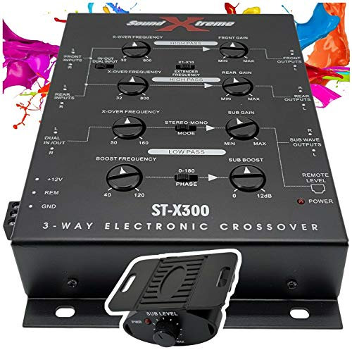 SoundXtreme ST-X300 3-Way Electronic Car Audio Crossover, Dash Mount with Remote Bass Knob, 10Hz-30kHz Response, 60dB Separation, Power Adapter & Connector