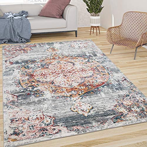 Paco Home Teppich Wohnzimmer Kurzflor Vintage Moderne Orient Optik Abstrakt Gau Rot Gelb, Grösse:80x150 cm
