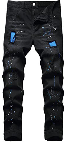 QIMYUM Mens Ripped Jeans, Distressed Destroyed Slim Fit Straight Leg Denim Pants, Black040, 30