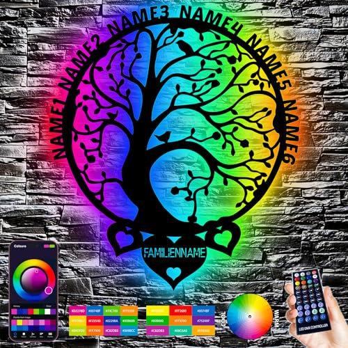 Lebensbaum FamilienbaumRGB Farbwechsel - Mit 16 LED Farben USB App Bedienung/Musikgesteuert - personalisiert mit Wunschnamen - Stammbaum XXL Baum