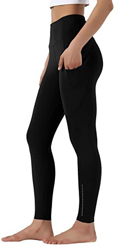 Leovqn Damen Sport Leggings Blickdicht Sporthose Hohe Taille Yoga Leggings mit Seitentaschen Dunkles Schwarz M
