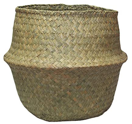 Muddy Hands Seagrass Belly Basket Natural Woven Foldable Laundry Storage Bag Planter Plant Pot Cover Holder (Medium - 23x32cm)