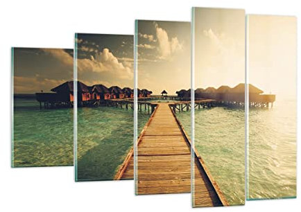 ARTTOR Mehrteilige Bilder auf Glas 150x100cm Glasbild Malediven Ferienhäuser Wasser Groß XXL Wanddeko Schlafzimmer Küche Set 5 teilige Wandbilder Dekoration Wohnzimmer Modern Wand Art GEG150x100-4951