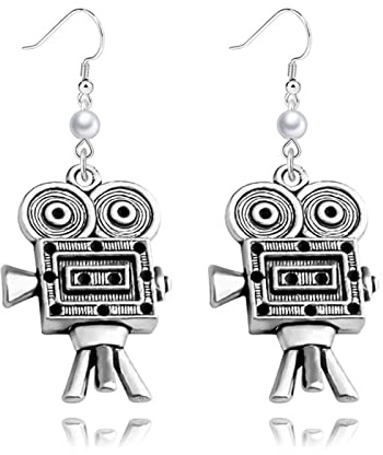 Dreuyet Movie Camera Pearl Earrings for Women Personalized Classic Retro Silver Cinema Projector Dangle Drop Statement Earrings Film Director 80S Jewelry Gifts