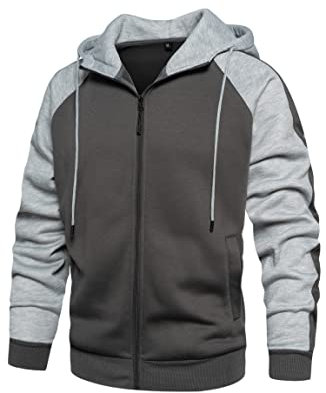 Wirltte Mens Hoodies Zip Up Hoodie Patchwork Fleece Jacket Winter Warm Hooded Grey XXL
