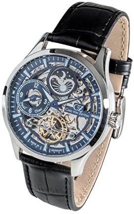 Carl von Zeyten Freiburg Automatik Herren Armbanduhr aus Edelstahl und Leder in der Farbe Silber-Schwarz 44mm, Wasserdichtigkeit: 10Bar, CVZ0063BLS