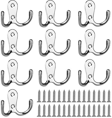 BOOHO 10Pcs Coat Hooks, Retro Double Prong Robe Hook for Hanging Clothes, Wall Mounted Hooks with 30Pcs Screws for for Kitchen Bedroom Wall Bathroom (Silver)