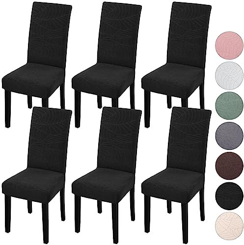 YISUN Stuhlhussen 6er Set Universal Stretch Jacquard Blätter Stuhlhusse, Hussen für Stühle Abnehmbarer Waschbarer Stuhlbezüge für Hotel Zeremonie Bankett Küche Haus Hochzeit Party (Pechschwarz)